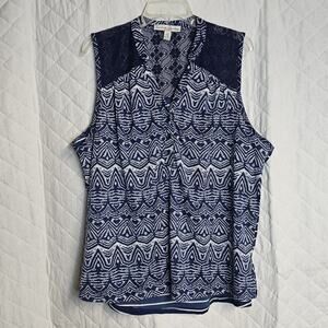 French Laundry Womens 2XL Blue & White Tank Top Lace Tribal Shirt Blouse Boho